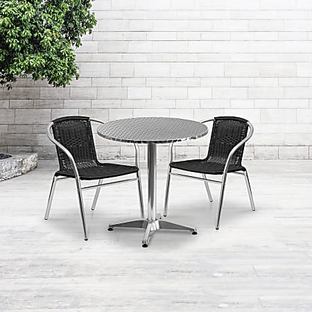 Flash Furniture Lila 3-Piece 27-1/2" Round Aluminum Indoor/Outdoor Table Set With Rattan Chairs, Black