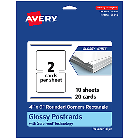 Avery® Printable Postcards With Sure Feed® Technology, 4" x 6" Rectangle Rounded Corners, Glossy White, Pack Of 20
