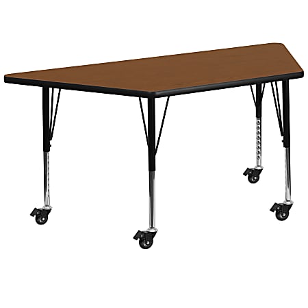 Flash Furniture Mobile Trapezoid HP Laminate Activity Table With Height-Adjustable Short Legs, 25-1/2"H x 22-1/2"W x 45"D, Oak