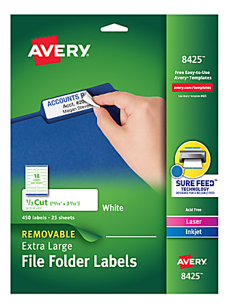 Avery® Removable Extra-Large File Folder Labels, Sure Feed(TM) Technology, Removable Adhesive, White, 15/16” x 3-7/16”, 450 Labels (8425)