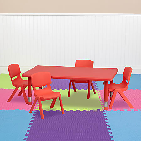 Flash Furniture Rectangular Plastic Height-Adjustable Activity Table With 4 Chairs, 23-3/4"H x 24"W x 48"D, Red