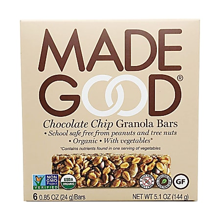 Made Good Organic Granola Bars, Chocolate Chip, 0.85 Oz, 6 Bars Per Box, Pack Of 6 Boxes