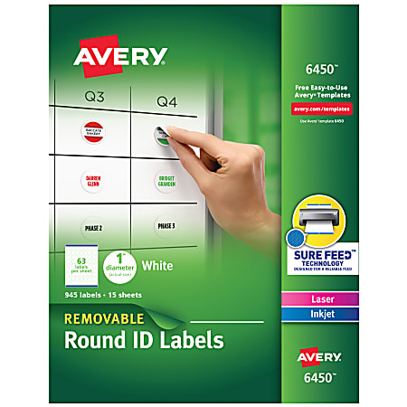 Avery® Removable Round Multipurpose Labels, 6450, 1" Diameter, White, Pack Of 945