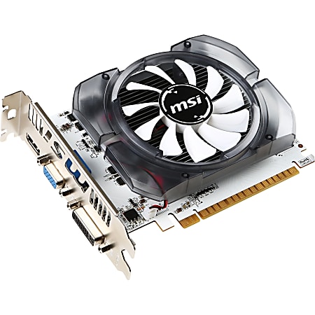 MSI N730-4GD3V2 GeForce GT 730 Graphic Card - 700 MHz Core - 4 GB DDR3 SDRAM - Dual Slot Space Required - 128 bit Bus Width - Fan Cooler - OpenGL 4.4, DirectX 12 - 1 x HDMI - 1 x VGA - 1 x Total Number of DVI (1 x DVI-I) - PC - 2 x Monitors Supported