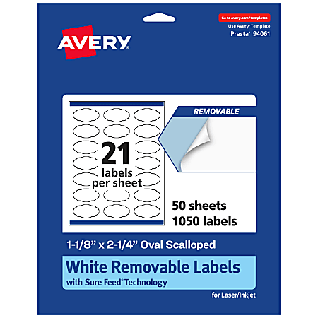 Avery® Removable Labels With Sure Feed®, 94061-RMP50, Oval Scalloped, 1-1/8" x 2-1/4", White, Pack Of 1,050 Labels