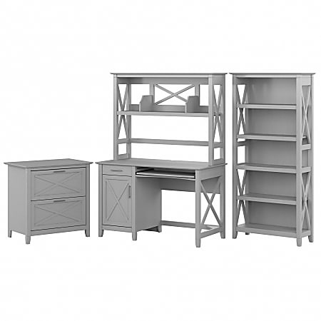 Bush® Furniture Key West 48"W Small Computer Desk With Hutch, Bookcase And Lateral File Cabinet, Cape Cod Gray, Standard Delivery