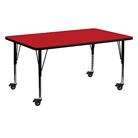 Flash Furniture Mobile Rectangular HP Laminate Activity Table With Height-Adjustable Short Legs, 25-1/2"H x 24"W x 60"D, Red