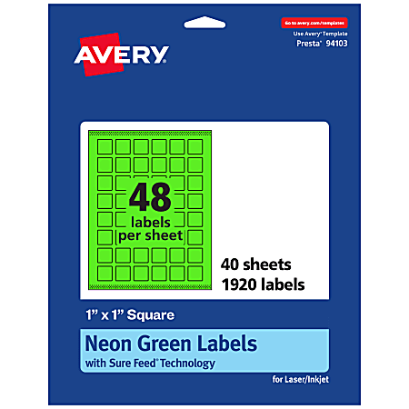 Avery® Print-To-The-Edge Labels With Sure Feed® Technology And Easy Peel® Label Feature, 94103-NGP40, Square, 1" x 1", Matte Neon Green, Pack of 1920