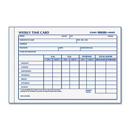 Rediform Weekly Time Card Pad - Gummed - 1 Part - 4.25" x 6" Form Size - 1 / Each