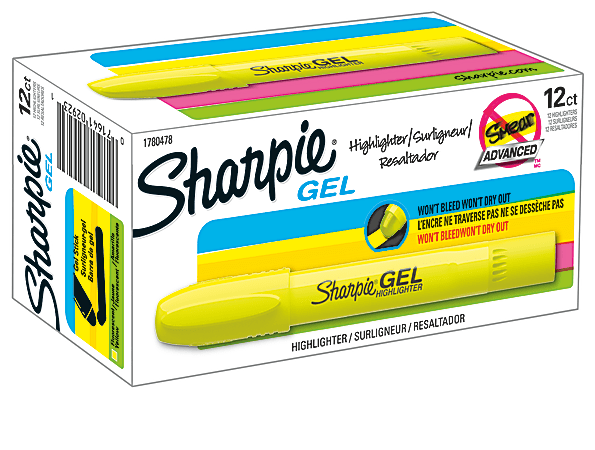 Sharpie® Gel Highlighters, Bullet Tip, Fluorescent Yellow, 12 Count