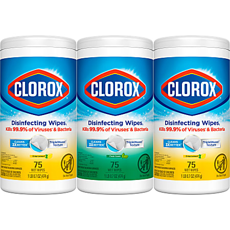 Clorox® Disinfecting Wipes, 7" x 8", Fresh Scent/Citrus Blend, 75 Wipes Per Canister, Pack Of 3 Canisters