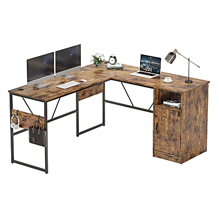 Bestier Reversible 60"W Corner Computer Desk With Storage Cabinet & Accessory Hooks, Rustic Brown
