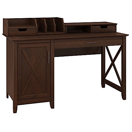 Bush Furniture Key West 54"W Computer Desk With Storage And Desktop Organizers, Bing Cherry, Standard Delivery