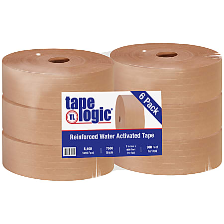 Tape Logic® Reinforced Water-Activated Packing Tape, #7500, 3" Core, 3" x 300 Yd., Kraft, Case Of 6