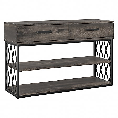 kathy ireland® Home by Bush® Furniture City Park Industrial Console Table With Drawers And Shelves, Dark Gray Hickory, Standard Delivery