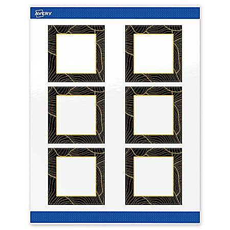 Avery® Printable Labels With Sure Feed® Technology, S00-ETD, Square, 3" x 3", Glossy White With Preprinted Black/Gold Vein Border, Pack Of 60