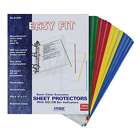 Stride Easy-Fit Color Bar Sheet Protectors, 8 1/2" x 11", Assorted Colors, Box Of 25