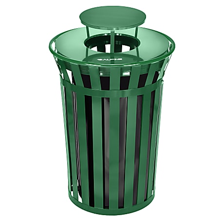 Alpine Industries Metal Slatted Outdoor Commercial Trash Can Receptacle With Rain Bonnet Lid And Liner, 38 Gallons, Green