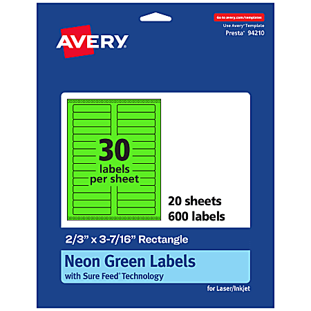 Avery® Printable Labels With Sure Feed® Technology, 94210-NGP20, Rectangle, 2/3" x 3-7/16", Matte Neon Green, Pack of 600