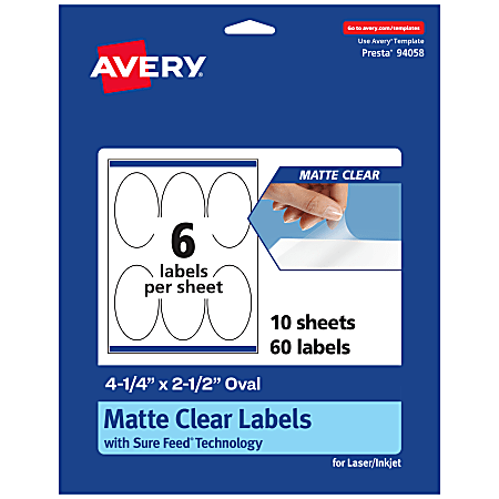 Avery® Permanent Labels With Sure Feed®, 94058-CMF10, Oval, 4-1/4" x 2-1/2", Matte Clear, Pack Of 60