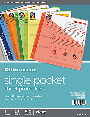 Office Depot Brand Single Pocket Sheet Protectors 8 12 x 11 Assorted Colors Pack Of 5 - Office Depot