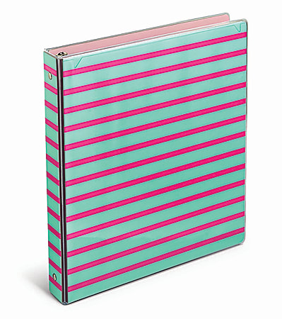 Office Depot® Brand Fashion 3-Ring Binder, 1" Round Rings, Blue/Pink Stripes