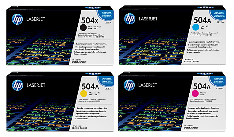 HP 504X/504A High-Yield Black And Cyan, Magenta, Yellow Toner Cartridges Combo, Pack Of 4, CE250X,CE251A,CE252A,CE253A