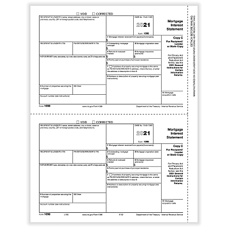 ComplyRight™ 1098 Tax Forms, 2-Up, Recipient/Lender Copy C and/or State Copy, Laser, 8-1/2" x 11", Pack Of 100 Forms