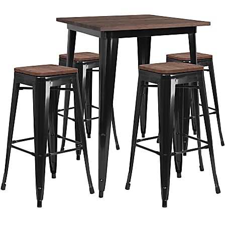 Flash Furniture Square Metal Bar Table Set With Wood Top And 4 Backless Stools, 42"H x 32"W x 32"D, Black