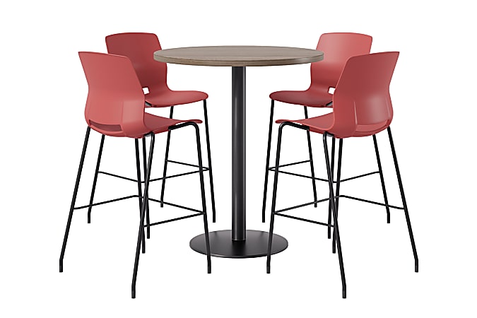 KFI Studios Proof Bistro Round Pedestal Table With Imme Barstools, 4 Barstools, 36", Studio Teak/Black/Coral Stools