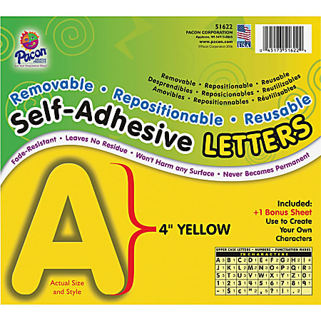 Pacon Reusable Self-Adhesive Letters - (Uppercase Letters, Number, Punctuation Marks) Shape - Self-adhesive - Acid-free, Fadeless - 4" Length - Puffy Font - Yellow - 1 / Pack