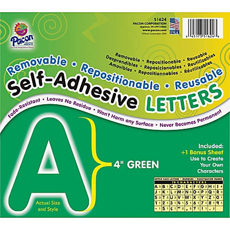 Pacon Reusable Self-Adhesive Letters - (Uppercase Letters, Number, Punctuation Marks) Shape - Self-adhesive - Acid-free, Fadeless - 4" Length - Puffy Font - Green - 1 / Pack
