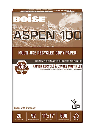 Boise® ASPEN® 100 Multi-Use Printer & Copy Paper, White, Ledger (11" x 17"), 500 Sheets Per Ream, 20 Lb, 92 Brightness, 100% Recycled, FSC® Certified
