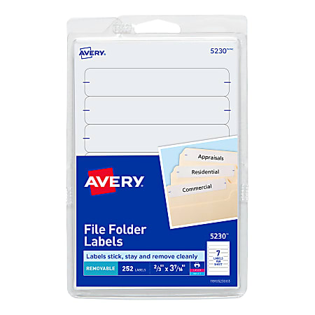Avery® Removable File Folder Labels, 5230, 11/16" x 3 7/16", White, Pack Of 252