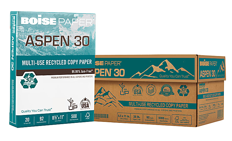 Boise® ASPEN® 30 Multi-Use Printer & Copy Paper, White, Letter (8.5" x 11"), 500 Sheets Per Ream, 20 Lb, 92 Brightness, 30% Recycled, FSC® Certified