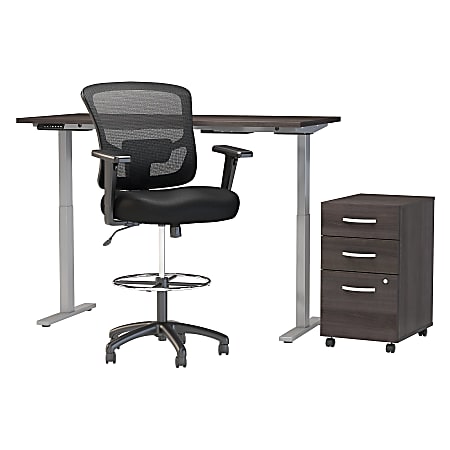 Move 60 Series by Bush Business Furniture 60"W Height Adjustable Standing Desk With Storage And Drafting Chair, Storm Gray, Standard Delivery