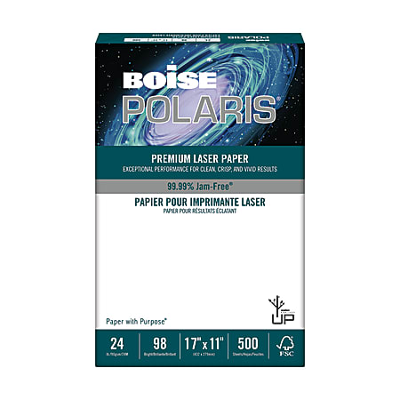 Boise POLARIS® Premium Laser Paper, White, Ledger Size (11" x 17"), Ream Of 500 Sheets, FSC® Certified, 24 Lb, 98 Brightness