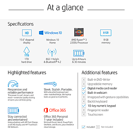 HP 15-db0051od Laptop, 15.6" Screen, AMD Ryzen™ 3, 8GB Memory, 1TB Hard Drive, Windows® 10 Home