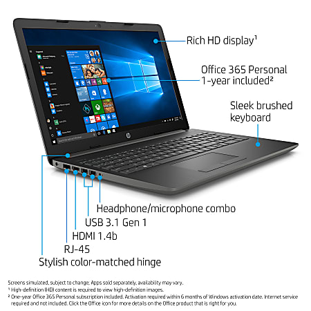 HP 15-db0051od Laptop, 15.6" Screen, AMD Ryzen™ 3, 8GB Memory, 1TB Hard Drive, Windows® 10 Home