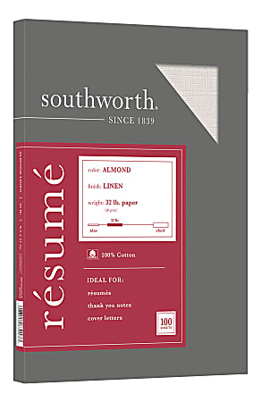 Southworth® 100% Cotton Résumé Paper, 8 1/2" x 11", 32 Lb, 100% Recycled, Almond, Pack Of 100