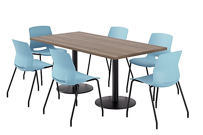 KFI Studios Proof Rectangle Pedestal Table With Imme Chairs, 31-3/4”H x 72”W x 36”D, Studio Teak Top/Black Base/Sky Blue Chairs
