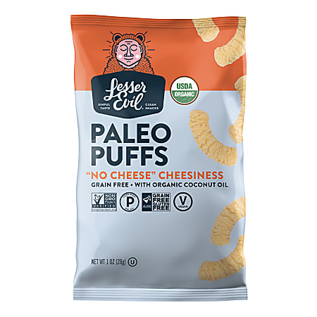 LesserEvil Paleo Puffs, No Cheese Cheesiness, 1 Oz, Pack Of 24 Bags
