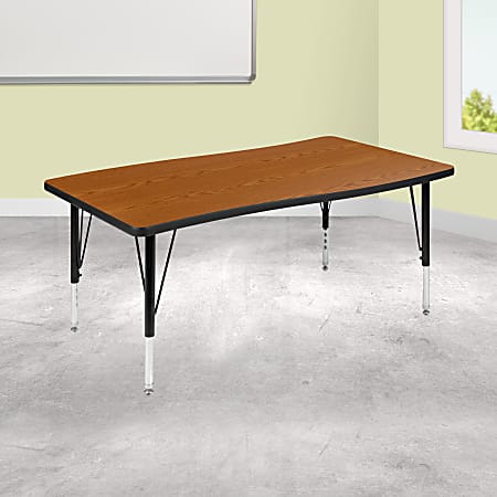 Flash Furniture Rectangle Wave Flexible Collaborative Thermal Laminate Activity Table With Height-Adjustable Short Legs, 25-1/4"H x 28"W x 47-1/2"D, Oak