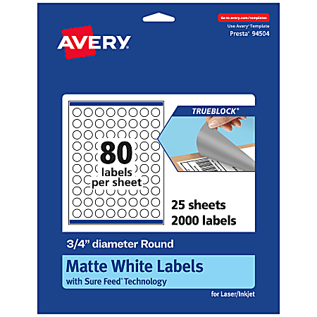 Avery® Print-To-The-Edge TrueBlock® Labels With Sure Feed®, 94504-TWMP25, Round, 3/4", Matte White, Pack Of 2000