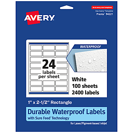 Avery® Waterproof Permanent Labels With Sure Feed®, 94221-WMF100, Rectangle, 1" x 2-1/2", White, Pack Of 2,400