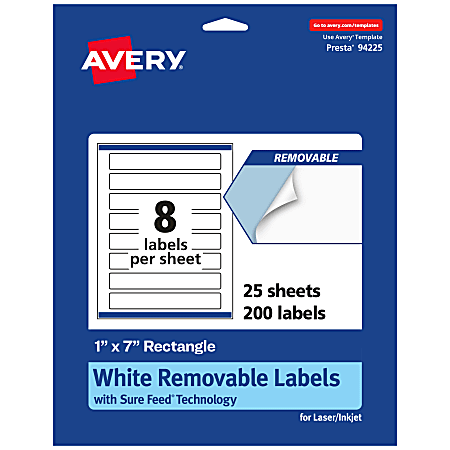 Avery® Removable Labels With Sure Feed®, 94225-RMP25, Rectangle, 1" x 7", White, Pack Of 200 Labels