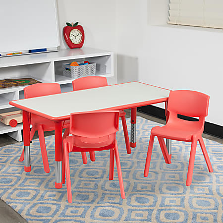 Flash Furniture Rectangular Plastic Height-Adjustable Activity Table Set With 4 Chairs, 23-1/2"H x 23-5/8"W x 47-1/4"D, Red
