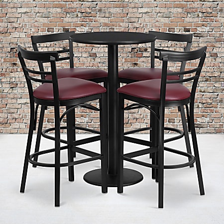 Flash Furniture Round Laminate Table Set With Round Base And Four 2-Slat Ladder-Back Metal Barstools, 42"H x 24"W x 24"D, Black/Burgundy