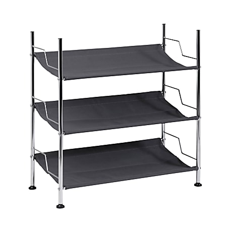 Honey Can Do 3-Tier Canvas And Chrome Shoe Rack, 24-3/8”H x 11-7/16”W x 23-5/8”D, Black