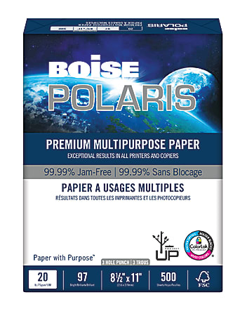 Boise® POLARIS® Premium Multi-Use Paper, Letter Size (8 1/2" x 11"), 20 Lb, FSC® Certified, White, Ream Of 500 Sheets